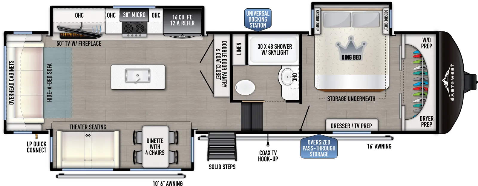The 320RL has 3 slideouts and one entry. Exterior features an oversized pass through storage, universal docking station, MORryde steps, coax TV hookup, 10 foot 6 inch awning and 16 foot awning, LP quick connect, and 2 inch towing hitch. Interior layout front to back: front closet with washer/dryer prep, off-door side king bed slideout with storage underneath, and door side dresser with TV prep; off-door side full bathroom with overhead cabinet, linen closet, and shower with skylight; steps down to main living area and entry; double door pantry and coat closet along inner wall; off-door side slideout with 12V refrigerator, overhead cabinet, microwave, cooktop, and TV with fireplace; kitchen island with sink and extensions; door side slideout with free-standing dinette with storage ottoman, and theater seating; rear hide-a-bed sofa and overhead cabinet.